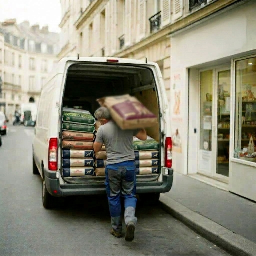 Unloading pet food at a city pet shop